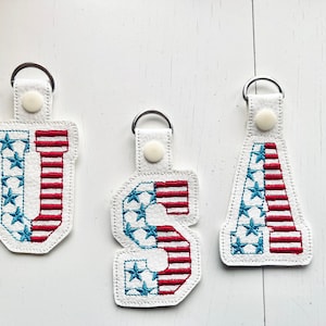 Patriotic 4th July American flag alphabet letters Key Fob Snap Tab ITH in the hoop machine embroidery designs hoop 4x4 5x7 keychain project