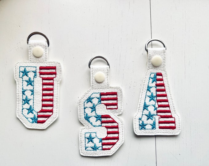 Patriotic 4th July American flag alphabet letters Key Fob Snap Tab ITH in the hoop machine embroidery designs hoop 4x4 5x7 keychain project