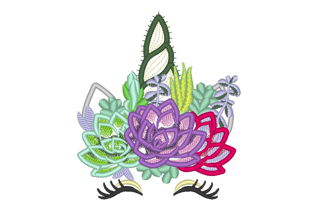 Succulent and cactus bouquet crown Unicorn with Succulents crown applique  machine embroidery design Rainbow unicorn face