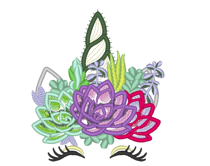 Succulent and cactus bouquet crown Unicorn with Succulents crown applique machine embroidery design Rainbow unicorn face