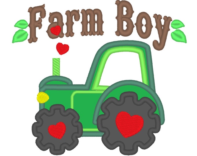 Farm boy Valentine Tractor, love farm Tractor vehicle heart wheels - applique machine embroidery designs for hoop 4x4, 5x7, 6x10 farmer kids