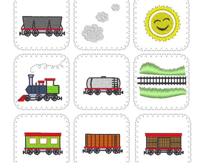 Memory game Train In The Hoop machine embroidery designs for hoop 4x4, 5x7, 6x10 INSTANT DOWNLOAD kids match game train railway locomotive
