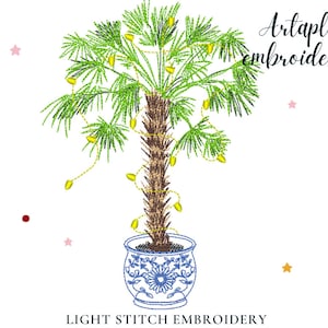 May include: A green palm tree with yellow lights wrapped around the trunk, in a blue and white patterned pot. The text "Artapli embroidery" is written in black above the tree. The text "LIGHT STITCH EMBROIDERY" is written in black below the pot.