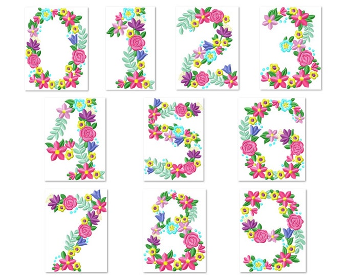 Floral numbers set 1 - 9 birthday flowers garden monogram flowered flower Font machine embroidery design 4, 5, 6 and 8 in