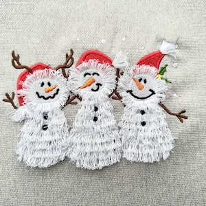 Fringed Fluffy Snowman Trio Friends Three Snowmen in a row machine embroidery designs Fringe in the hoop fur chenille Christmas Santa helper