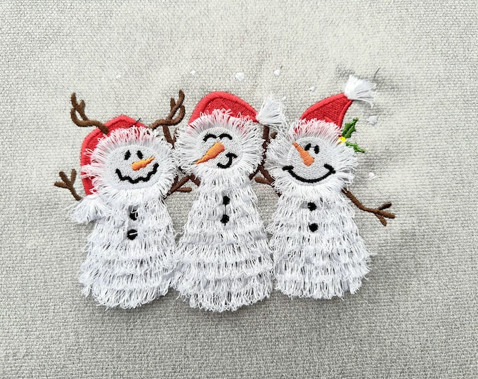 Fringed Fluffy Snowman Trio Friends Three Snowmen in a row machine embroidery designs Fringe in the hoop fur chenille Christmas Santa helper