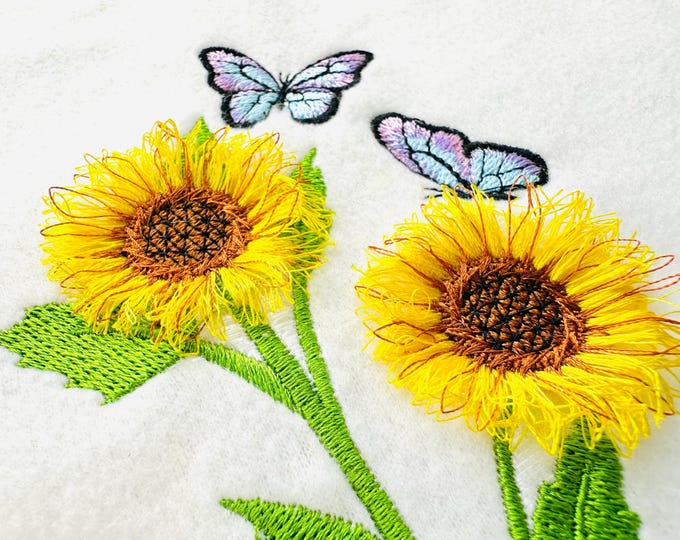 Fringed fluffy Sunflower 2 stems and Butterfly awesome floral garden farm fringed fluffy chenille fringe Flower machine embroidery designs