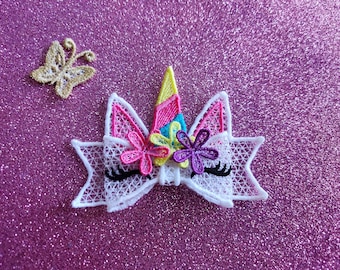 Rainbow Unicorn Double layer Big bow Little Princess - FSL free standing lace curl Hair Bow hairclip bowtie - machine embroidery design 5x7