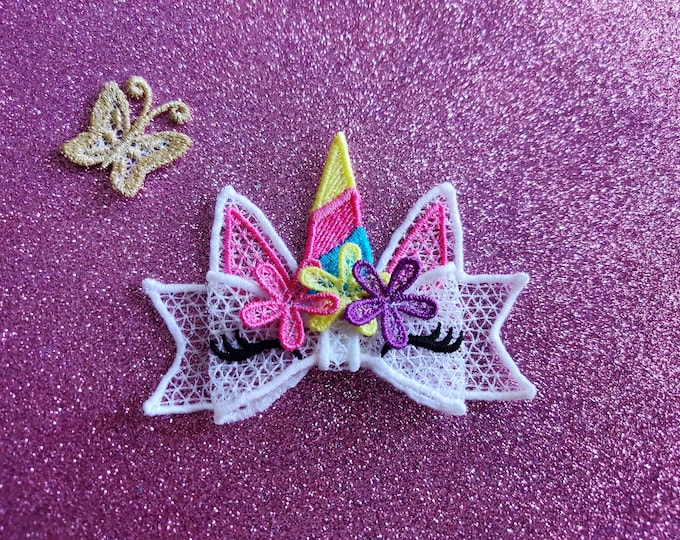 Rainbow Unicorn Double layer Big bow Little Princess - FSL free standing lace curl Hair Bow hairclip bowtie - machine embroidery design 5x7