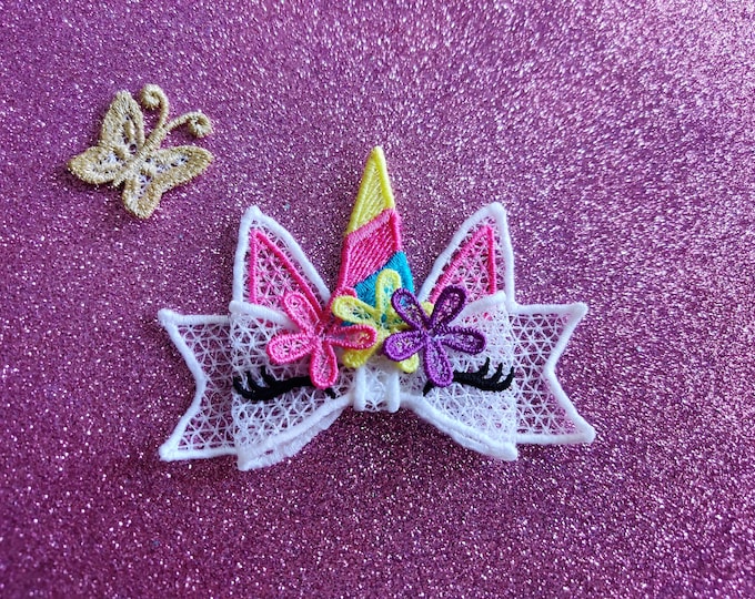 Rainbow Unicorn Double layer Big bow Little Princess - FSL free standing lace curl Hair Bow hairclip bowtie - machine embroidery design 5x7