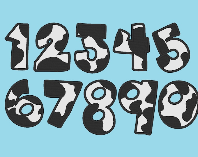 Cow spots ugly numbers, wide satin stitch birthday numbers, machine embroidery applique designs - 3, 4, 5, 6 and 7 inches