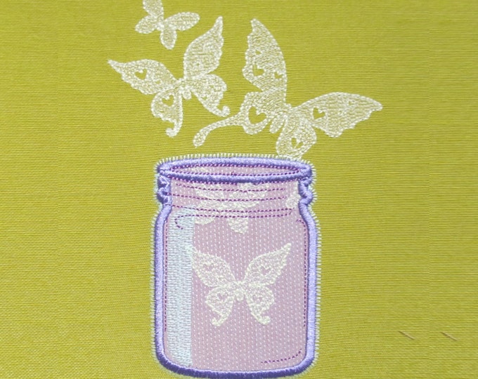 Mason jar and butterflies for girls / Glow in the dark special designed machine embroidery  5x7, 4x4 /