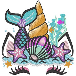 Mermaid Sea Unicorn head with shell and star crown machine embroidery designs Summertime unicorn face nautical sea seaside children girl