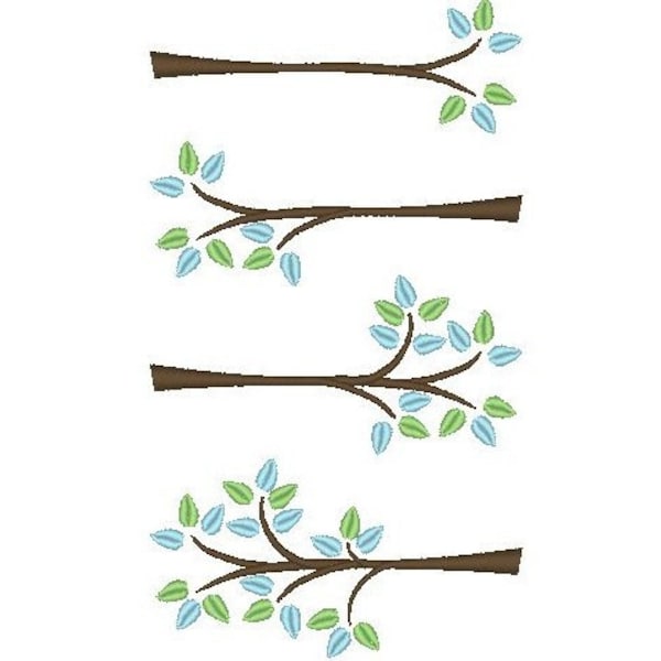 Tree branch 4 types machine embroidery designs fill stitch multiple sizes for hoop 4x4 and 5x7 woodland branches with leaves, leaf branch