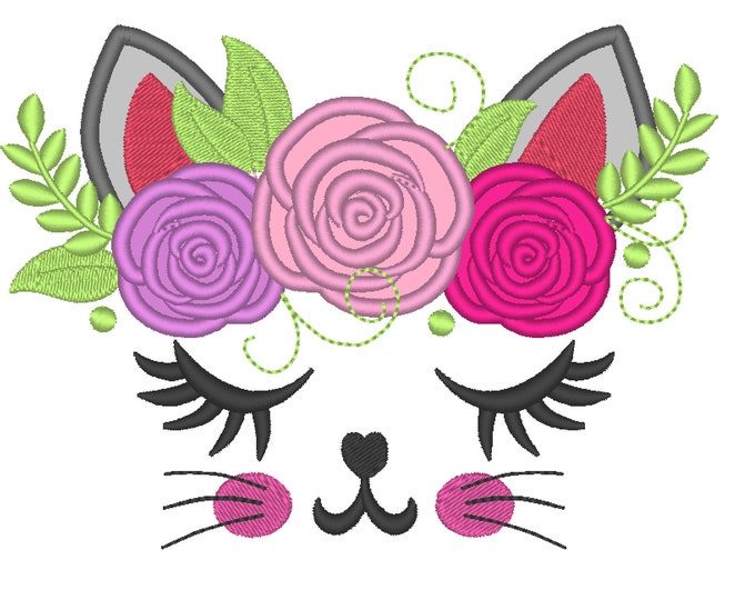 Classy Kitty face with shabby chick roses crown applique machine embroidery applique embroidery design cat head kitty