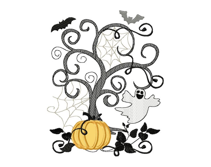 Halloween scene sketch stitch Applique machine embroidery designs for hoop 4x4, 5x7, 6x10 spooky scary Tree Pumpkin spider web bat ghost