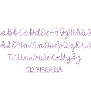 May include: A complete alphabet and numbers in a cursive font, displayed in a soft purple color. The letters and numbers are evenly spaced and presented on a clean white background. The ampersand symbol is also included.