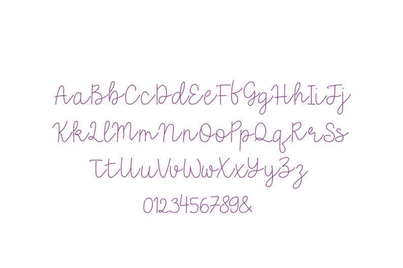 May include: A complete alphabet and numbers in a cursive font, displayed in a soft purple color. The letters and numbers are evenly spaced and presented on a clean white background. The ampersand symbol is also included.