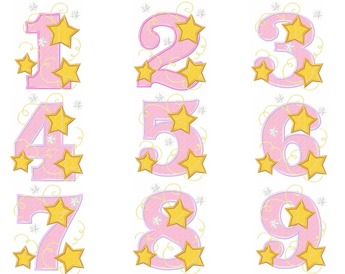 Twinkle twinkle sparkling swirly stars Birthday numbers applique Set 1-9 baby kids girl boy birthday outfit for hoop 4x4, 5x7 all numbers