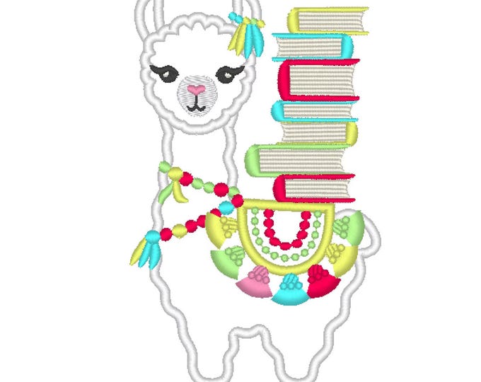 Llama with books Fringed tassel Alpaca applique boho style reading kids farm animal machine embroidery designs sizes 5, 6, 7 inches
