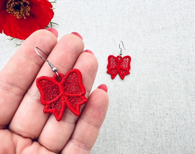 Adorable Bow earrings ITH in the hoop FSL freestanding lace machine embroidery designs kids girls charm gift tag embellishment accent