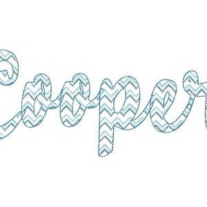 Pode incluir: O nome "Cooper" está escrito em uma fonte cursiva com um padrão de chevron azul e branco.