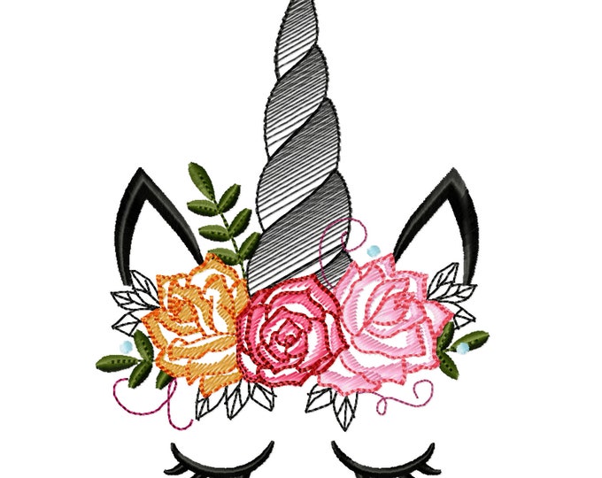 Unicorn drawing sketch embroidery design with shabby chick roses flowers crown applique machine embroidery designs Rainbow unicorn face