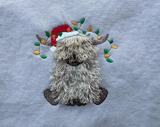 Fringed Highland Cow Christmas Santa hat Christmas Lights cute little farm animal kids machine embroidery designs fluffy fringe Bull Calf