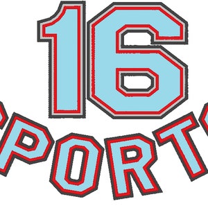 May include: A blue and red graphic with the number "16" and the word "SPORTS" in a bold, outlined font.