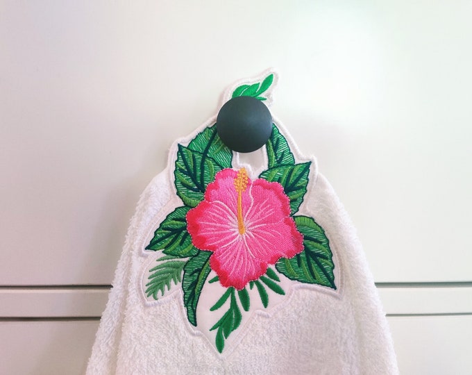 Summer hibiscus flower floral crown towel In The Hoop machine embroidery designs ITH project Towel topper, hanger, hanging hole embroidery