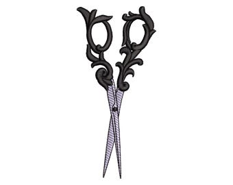 May include: An embroidery design of a pair of scissors featuring black threadwork handles with ornate, swirling scroll patterns and light purple, horizontally striped blades that meet at a central pivot point, creating a detailed textile graphic.