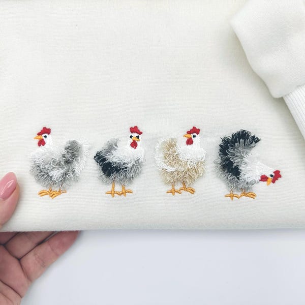 Mini Fringed Chicken SET of 4 single fluffy chicken and Four chickens in a row fringe fluffy chenille farm bird machine embroidery designs