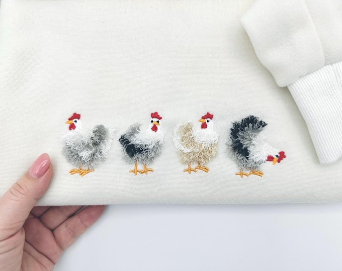 Mini Fringed Chicken SET of 4 single fluffy chicken and Four chickens in a row fringe fluffy chenille farm bird machine embroidery designs