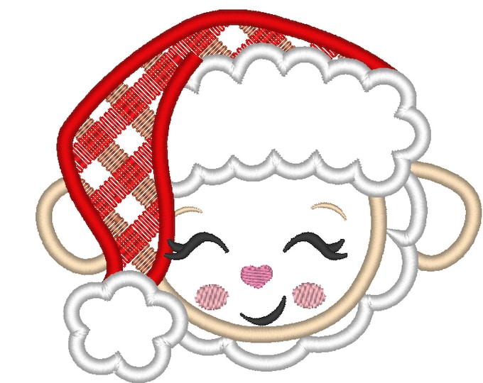 Sheep with Plaid Checked gingham Christmas Santa hat machine applique designs assorted sizes, for hoops 4x4, 5x7, 6x10