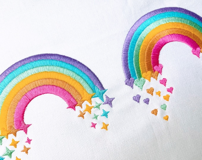 Cute Rainbows set of two, Rainbow with falling stars and rainbow with falling hearts rainbow machine embroidery designs, 3.5, 4 & 5 in