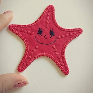 Può includere: Stella marina in feltro rosso con un viso sorridente e occhi neri. La stella marina è decorata con piccoli punti rossi.