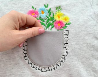 Awesome fringed fluffy Flowers in Ruffle Pocket kids girls outfit Pocket machine embroidery designs in the hoop ITH project genuine Pocket