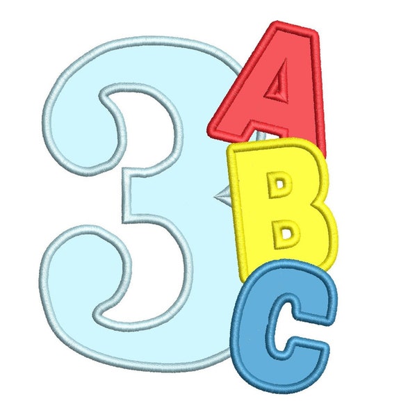 ABC Birthday number THREE 3, alphabet, school birthday numbers outfit ABC with numbers for hoop 4x4, 5x7 applique machine embroidery design