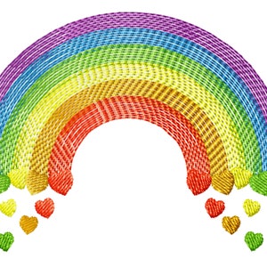 May include: A rainbow with a purple, blue, green, yellow, orange, and red arc.  Hearts of the same colors are falling from the rainbow.