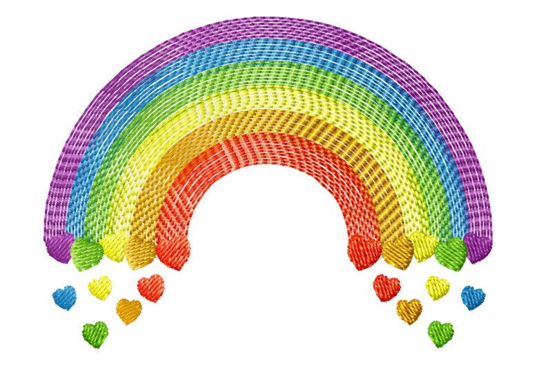 May include: A rainbow with a purple, blue, green, yellow, orange, and red arc.  Hearts of the same colors are falling from the rainbow.