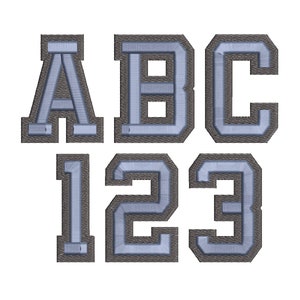 May include: Embroidered felt letters and numbers in a varsity style font. The letters are A, B, and C. The numbers are 1, 2, and 3. The letters and numbers are gray with a light blue outline.