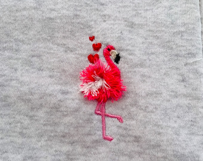 Mini Fringed fluffy chenille Flamingo bird with Hearts machine embroidery designs sizes 2.5, 3, 3.5 and 4  inch awesome fringe fur flamingo