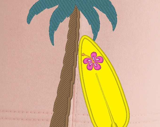 Summer Beach Palm and Surfing Board split seam cutout side bow Applique machine embroidery designs t-shirt Palm tree