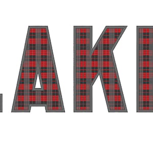 May include: The word "LAKE" in large, block letters with a red and black plaid pattern.