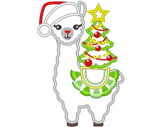 Christmas tree llama applique embroidery Llama or alpaca with Santa hat and Christmas tree machine embroidery designs Merry Christmas