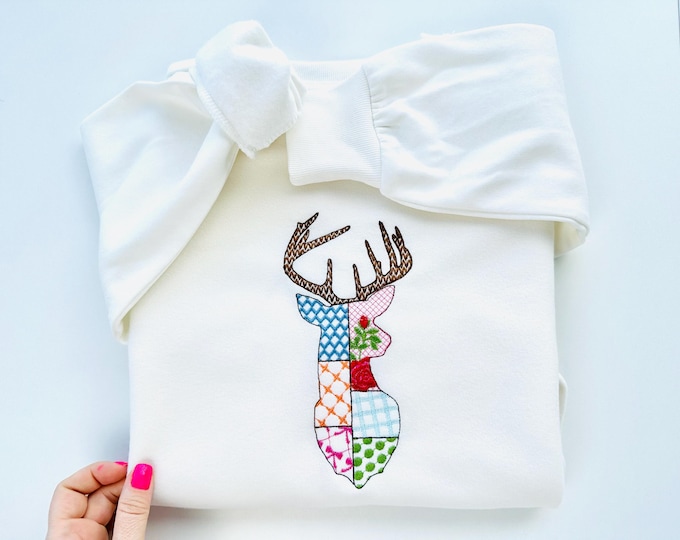 Patchwork Deer Head patterned Buck Deer face machine embroidery designs many sizes 4 up to 10 inch farm cushion pillow case adorable design