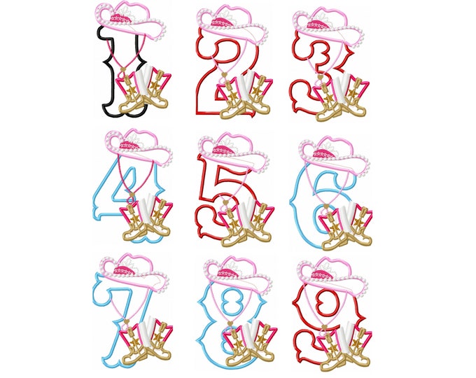 Girly Cowboy Birthday numbers 1-9 machine embroidery applique designs for hoop 5x7 cowgirl baby hat boots farm girl INSTANT DOWNLOAD