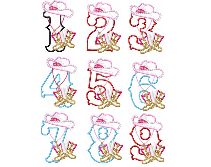 Farm Girl Birthday numbers whole SET 1 to 9 machine embroidery applique designs cowgirl farm birthday outfit ITH fringed Girl Cowboy boots