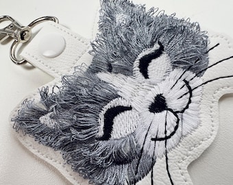 Fringed Fluffy Kitty Cat Kitten Eyelet and Key Fob Snap Tab in the hoop machine embroidery designs ITH cute keychain bag tag kids gift idea