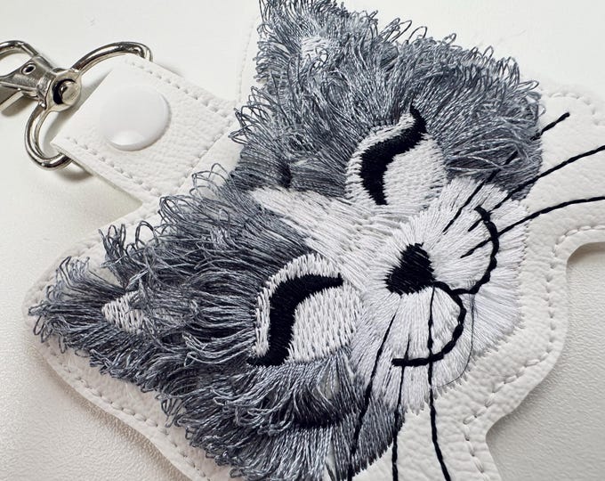 Fringed Fluffy Kitty Cat Kitten Eyelet and Key Fob Snap Tab in the hoop machine embroidery designs ITH cute keychain bag tag kids gift idea